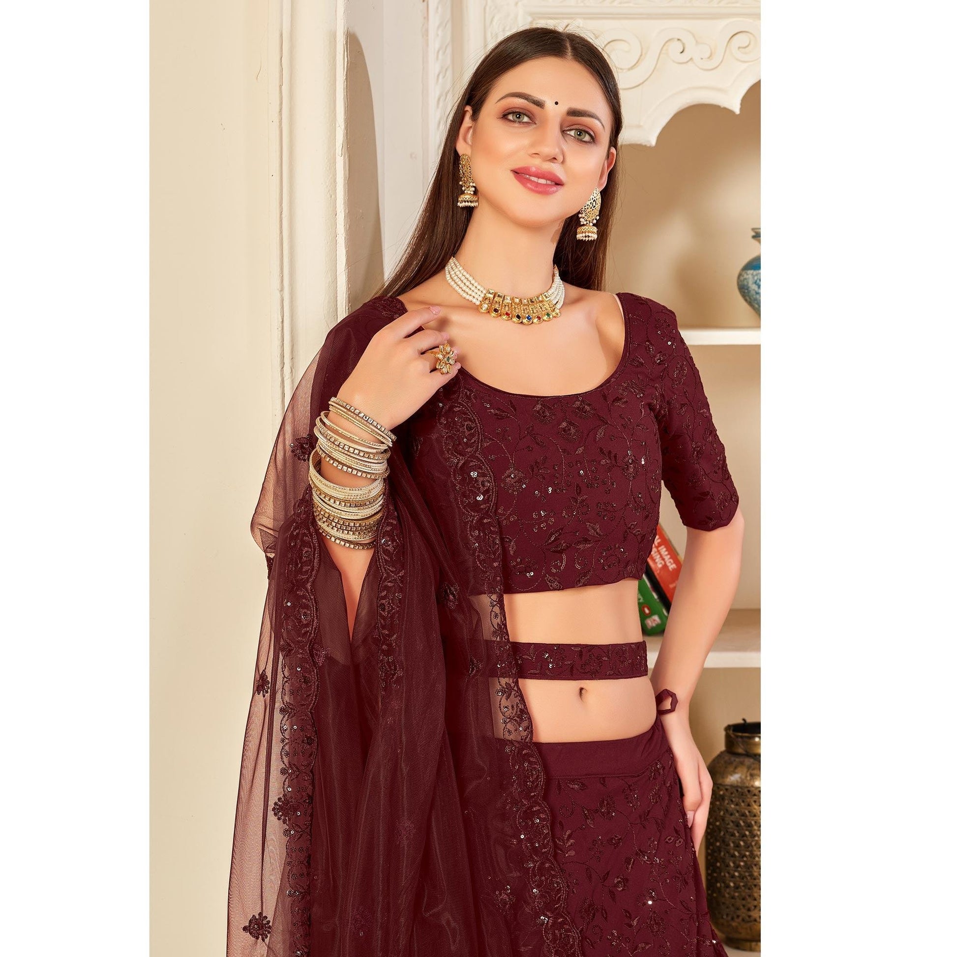 Maroon Festive Wear Thread with Sequins Embroidered Georgette Lehenga Choli
