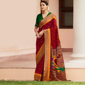 Maroon Woven Paithani Brasso Saree With Tassels