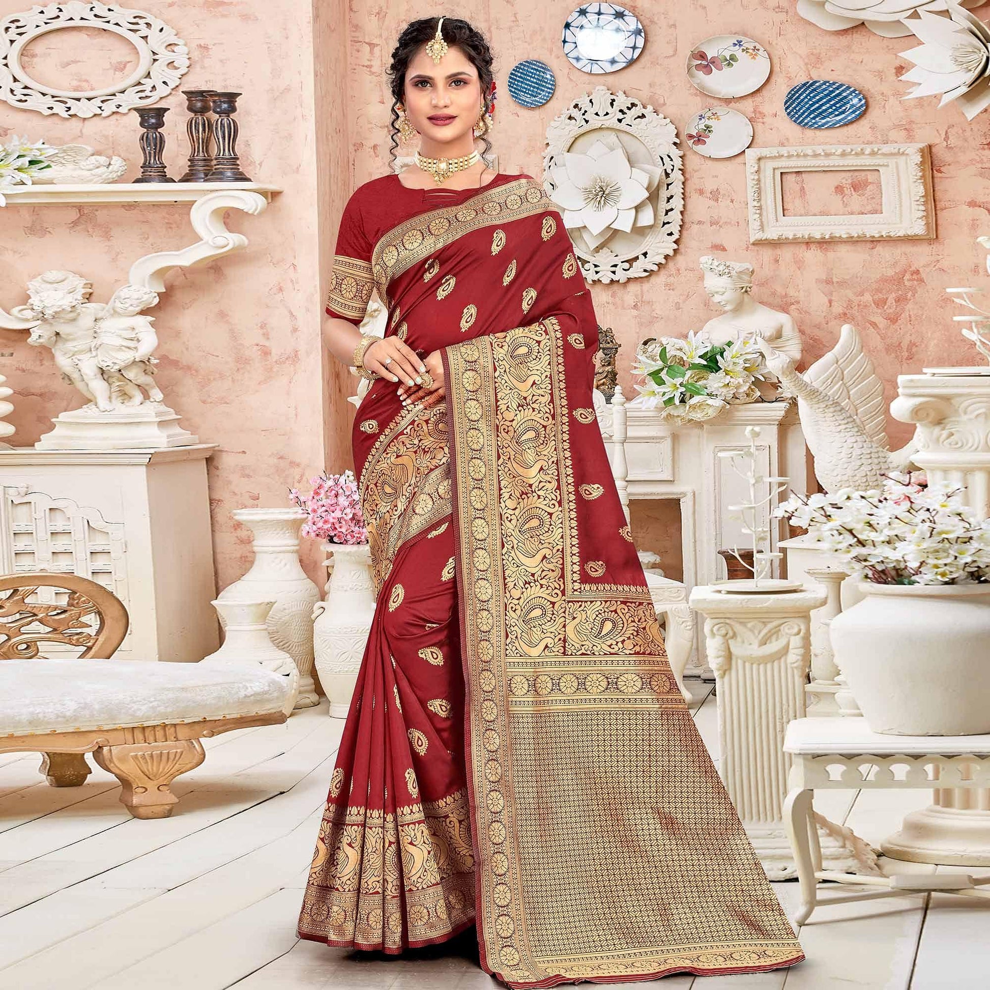 Maroon Festive Wear Woven Art Silk Sare