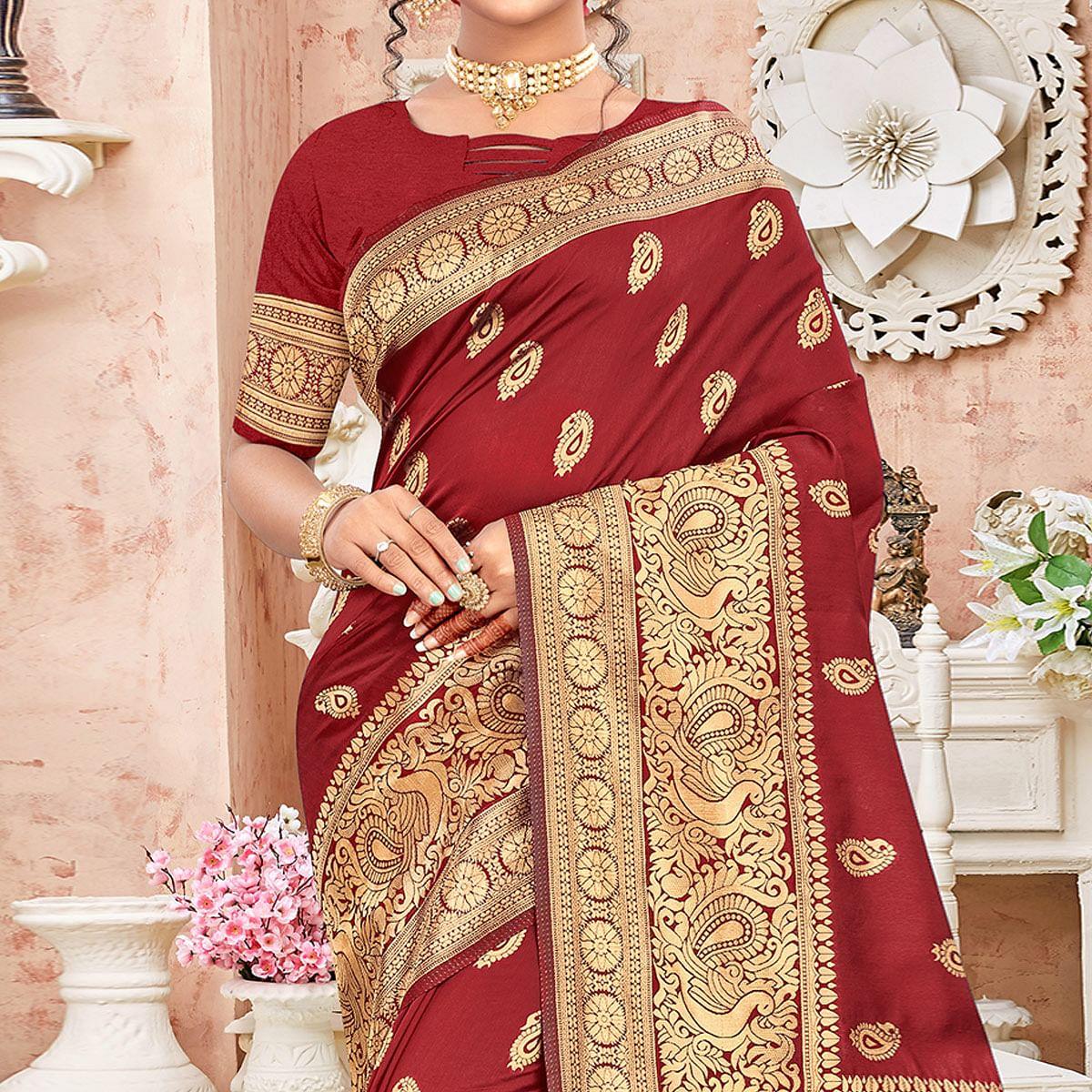 Maroon Festive Wear Woven Art Silk Sare