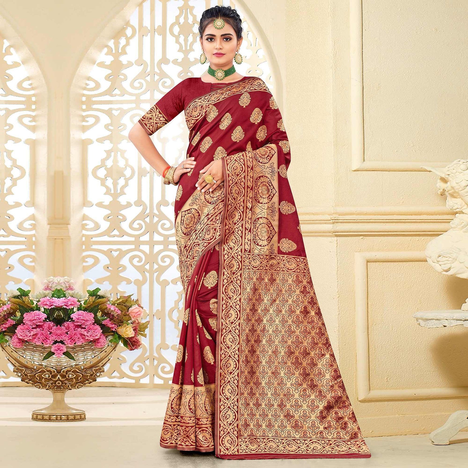 Maroon Festive Wear Woven Art Silk Saree