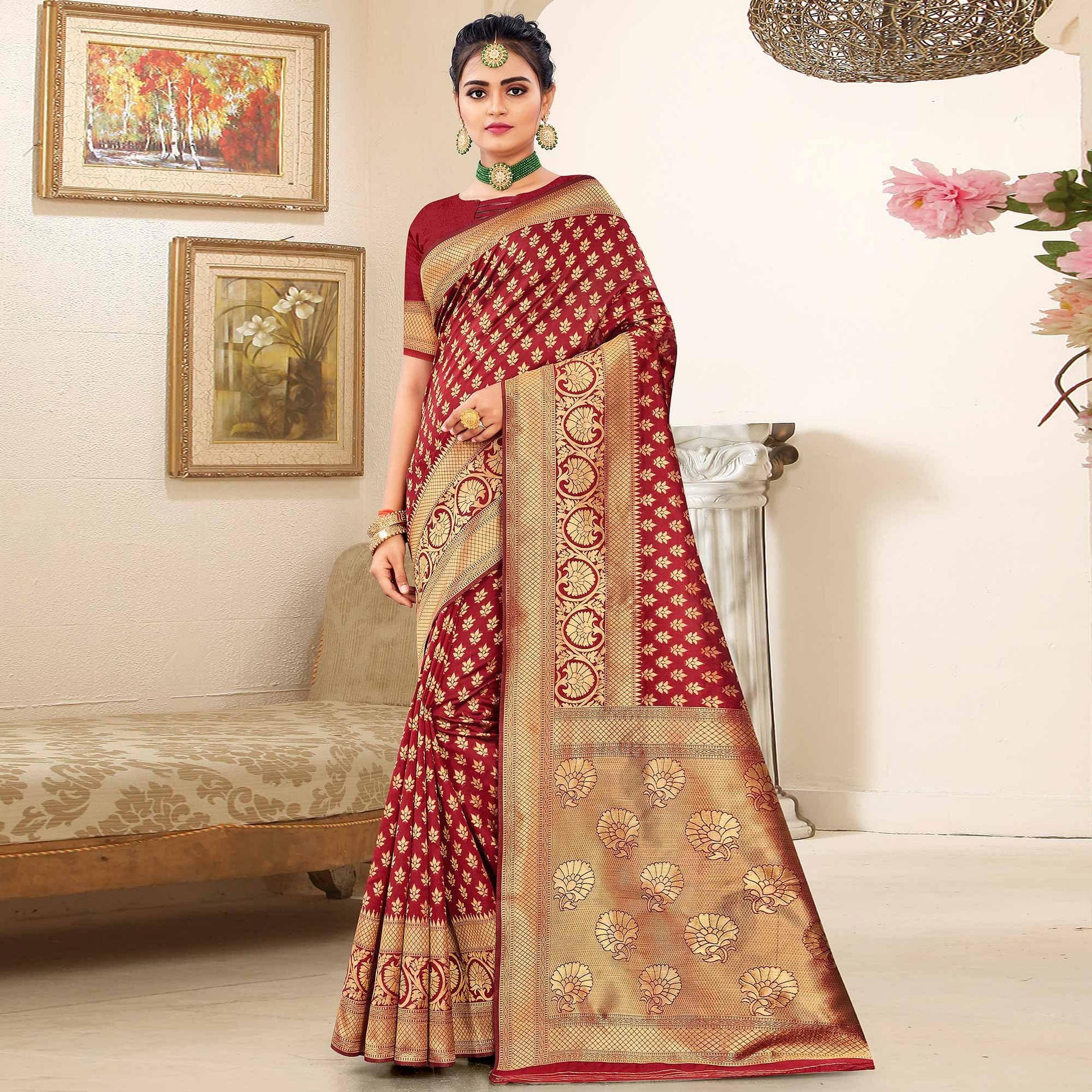 Maroon Festive Wear Woven Art Silk Saree