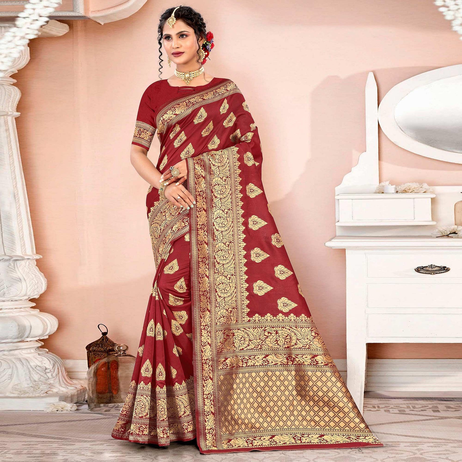 Maroon Festive Wear Woven Art Silk Saree