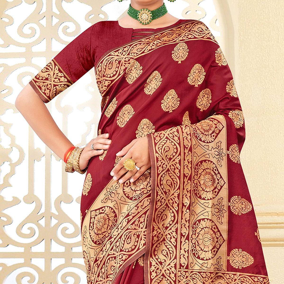 Maroon Festive Wear Woven Art Silk Saree