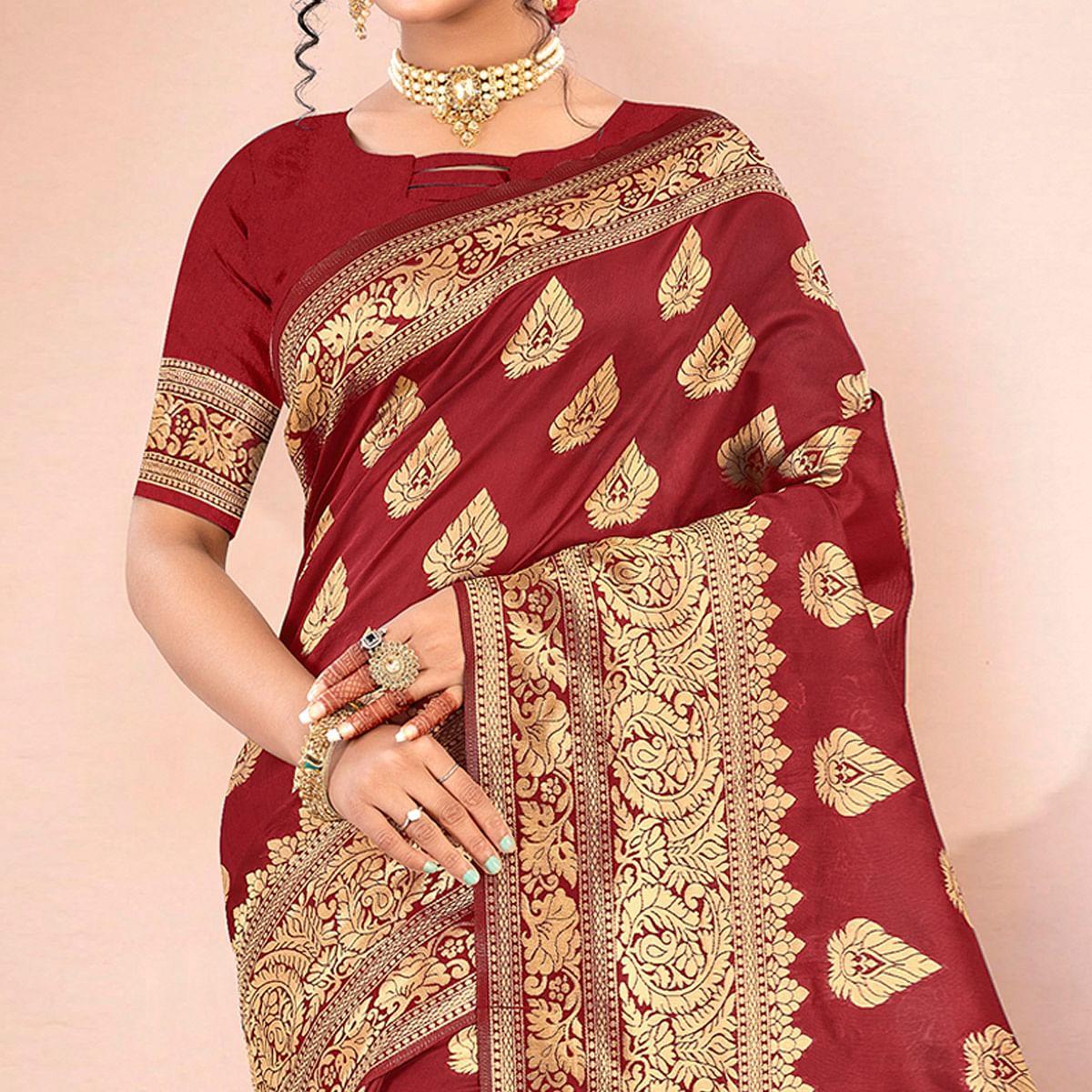 Maroon Festive Wear Woven Art Silk Saree