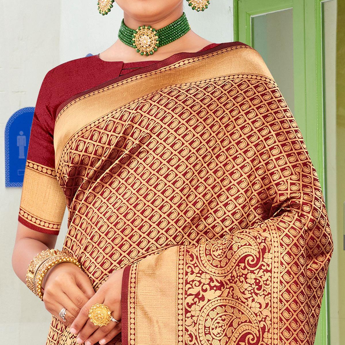 Maroon Festive Wear Woven Art Silk Saree