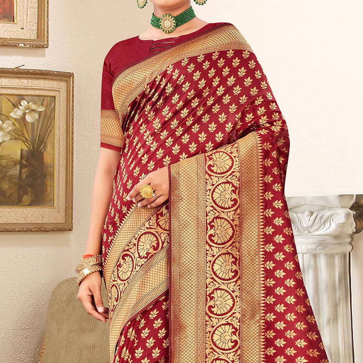 Maroon Festive Wear Woven Art Silk Saree