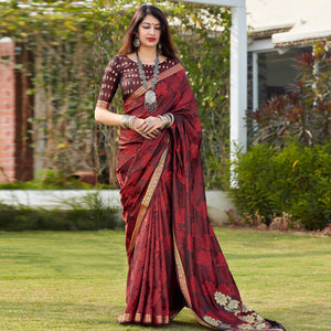 Maroon Festive Wear Woven Banarasi Satin Saree