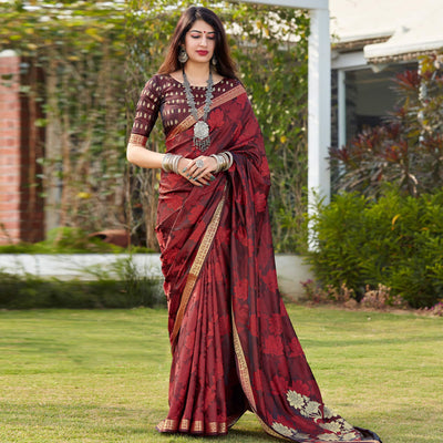 Maroon Festive Wear Woven Banarasi Satin Saree