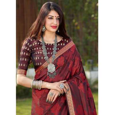 Maroon Festive Wear Woven Banarasi Satin Saree