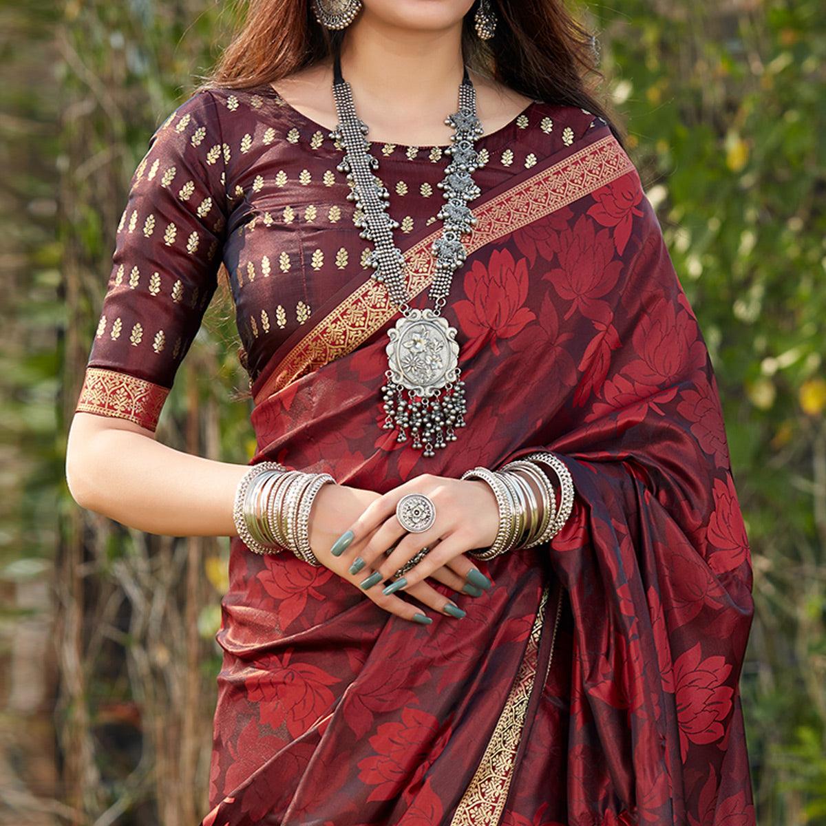 Maroon Festive Wear Woven Banarasi Satin Saree
