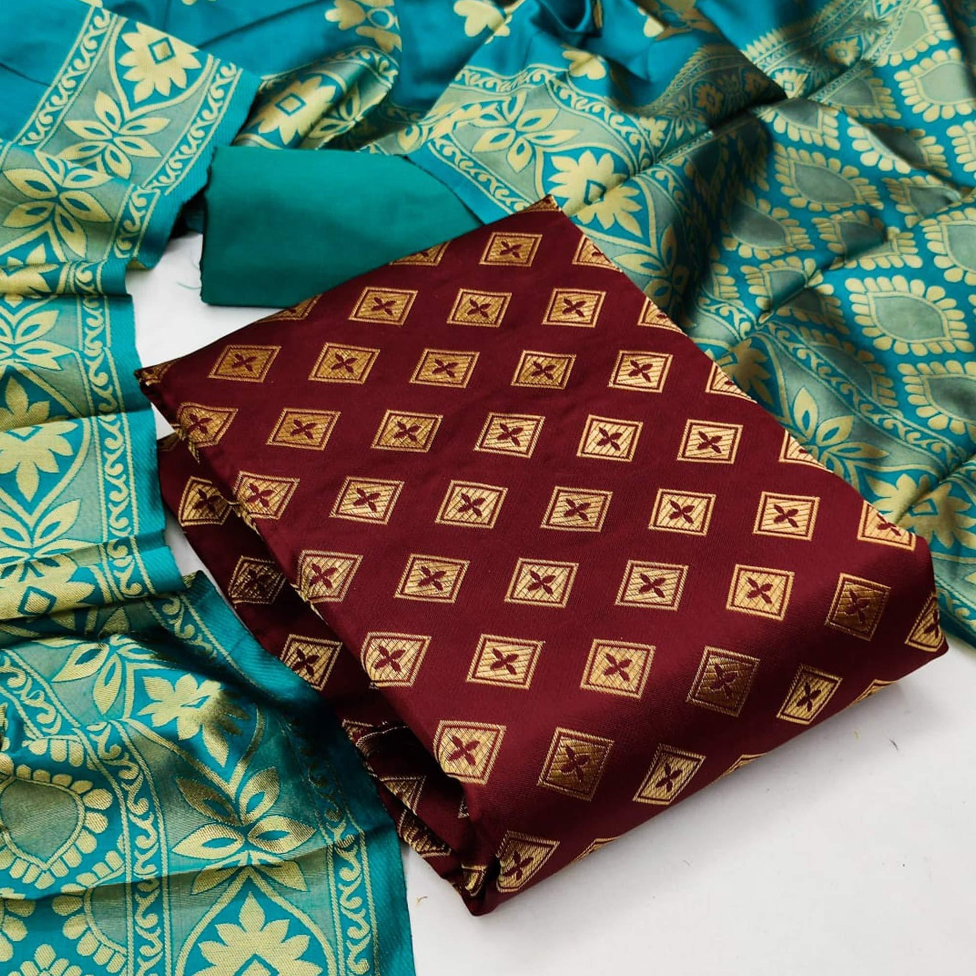 Maroon Festive Wear Woven Banarasi Silk Dress Material