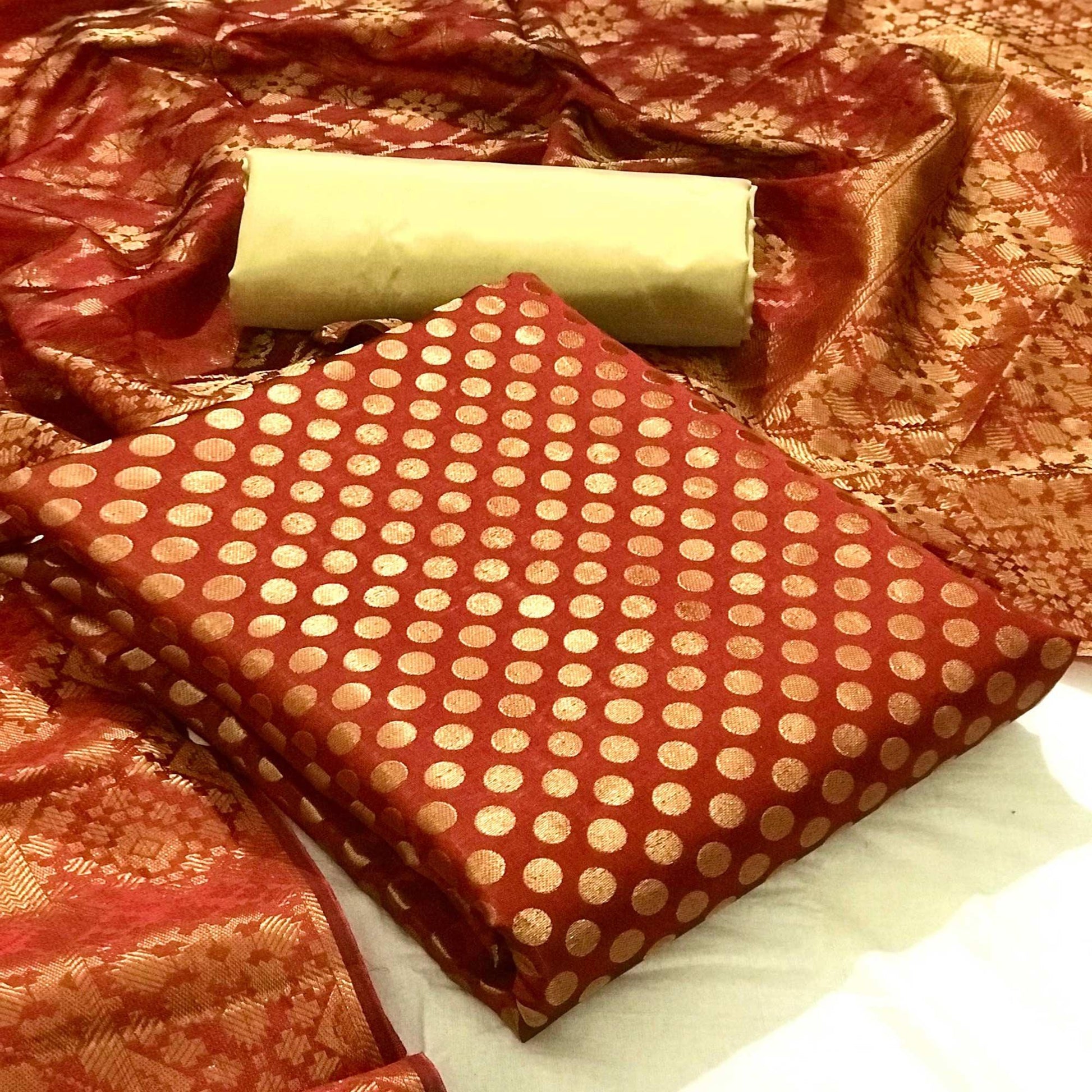 Maroon Festive Wear Woven Banarasi Silk Dress Material