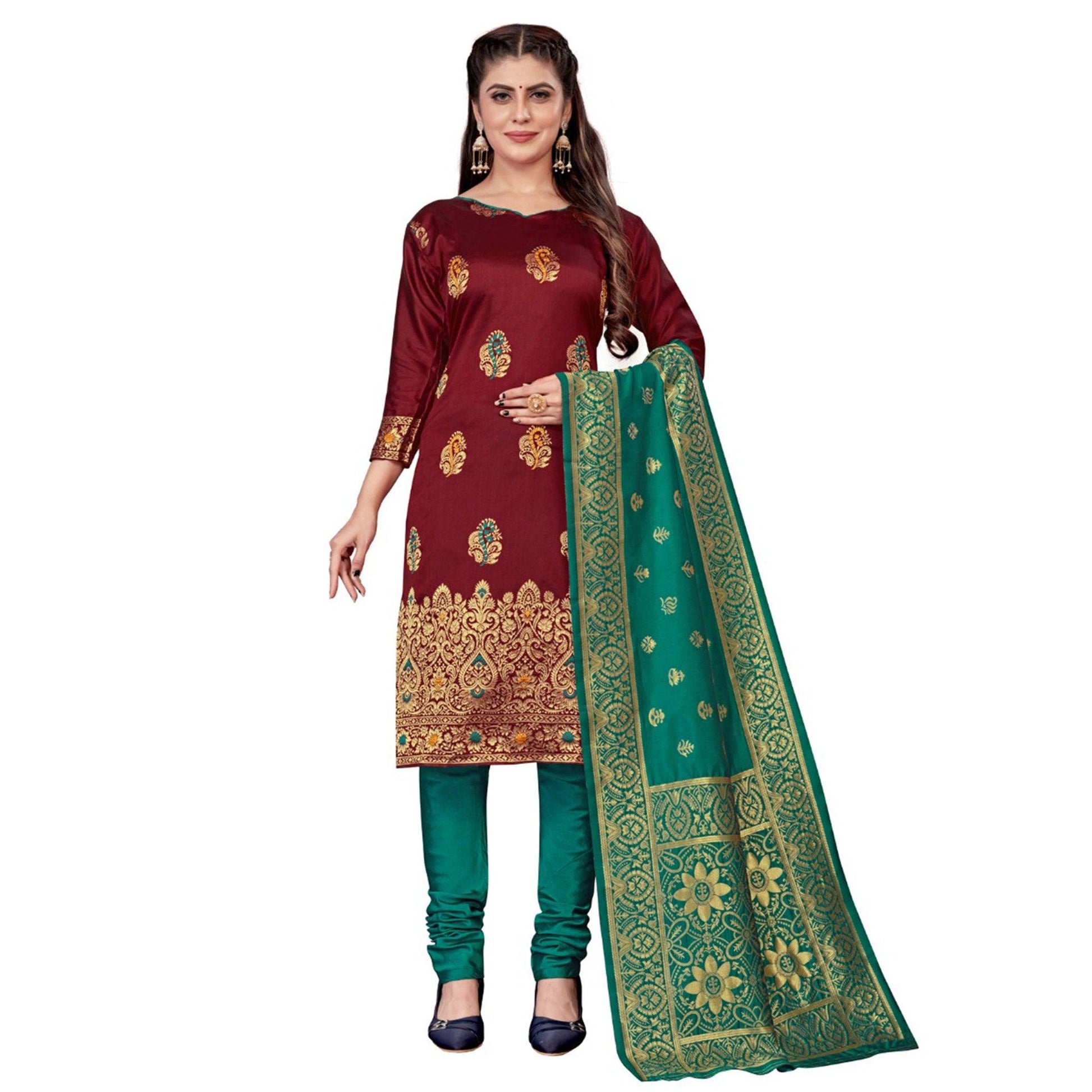 Maroon Festive Wear Woven Banarasi Silk Dress Material