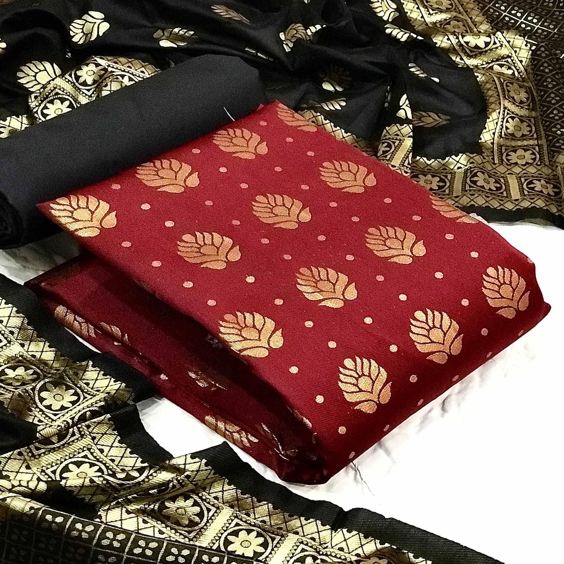 Maroon Festive Wear Woven Banarasi Silk Dress Material