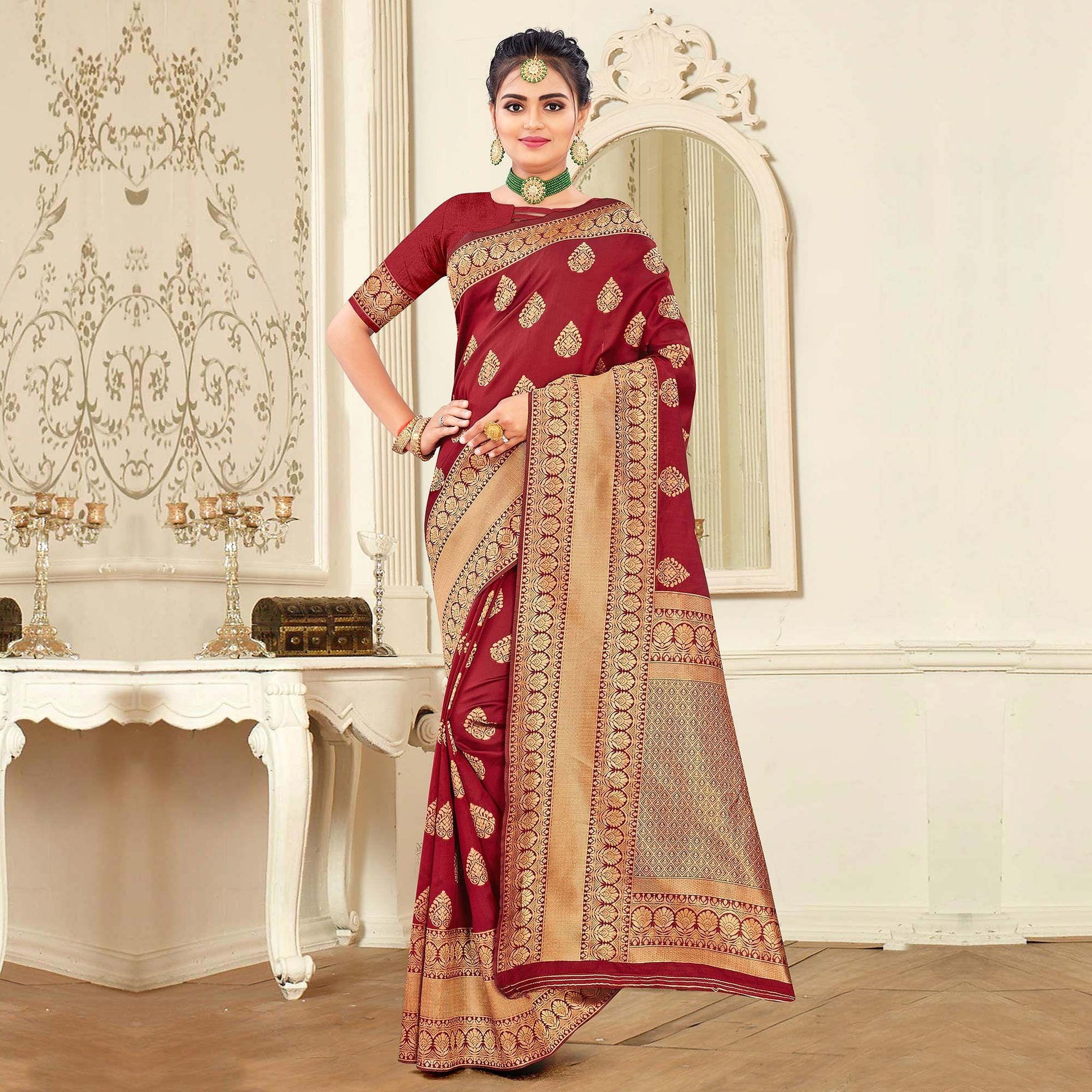 Maroon Festive Wear Woven Banarasi Silk Saree