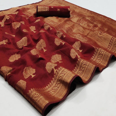 Maroon Festive Wear Woven Cotton Silk Saree With Jacquard Border