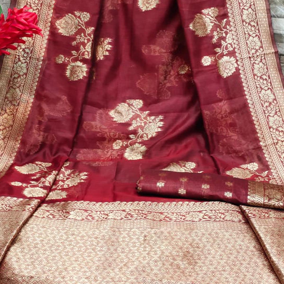 Maroon Festive Wear Woven Jacquard Silk Saree