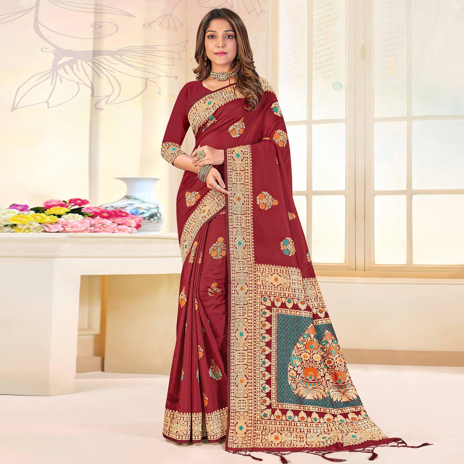 Maroon Festive Wear Woven Jari Border Soft Silk Saree