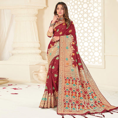 Maroon Festive Wear Woven Jari Border Soft Silk Saree