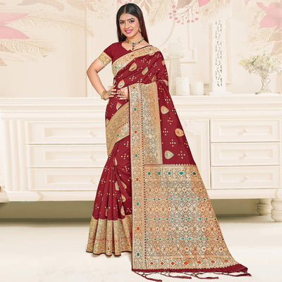 Maroon Festive Wear Woven Jari Border Soft Silk Saree