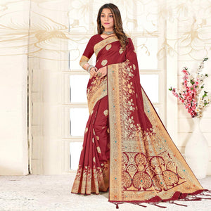 Maroon Festive Wear Woven Jari Border Soft Silk Saree