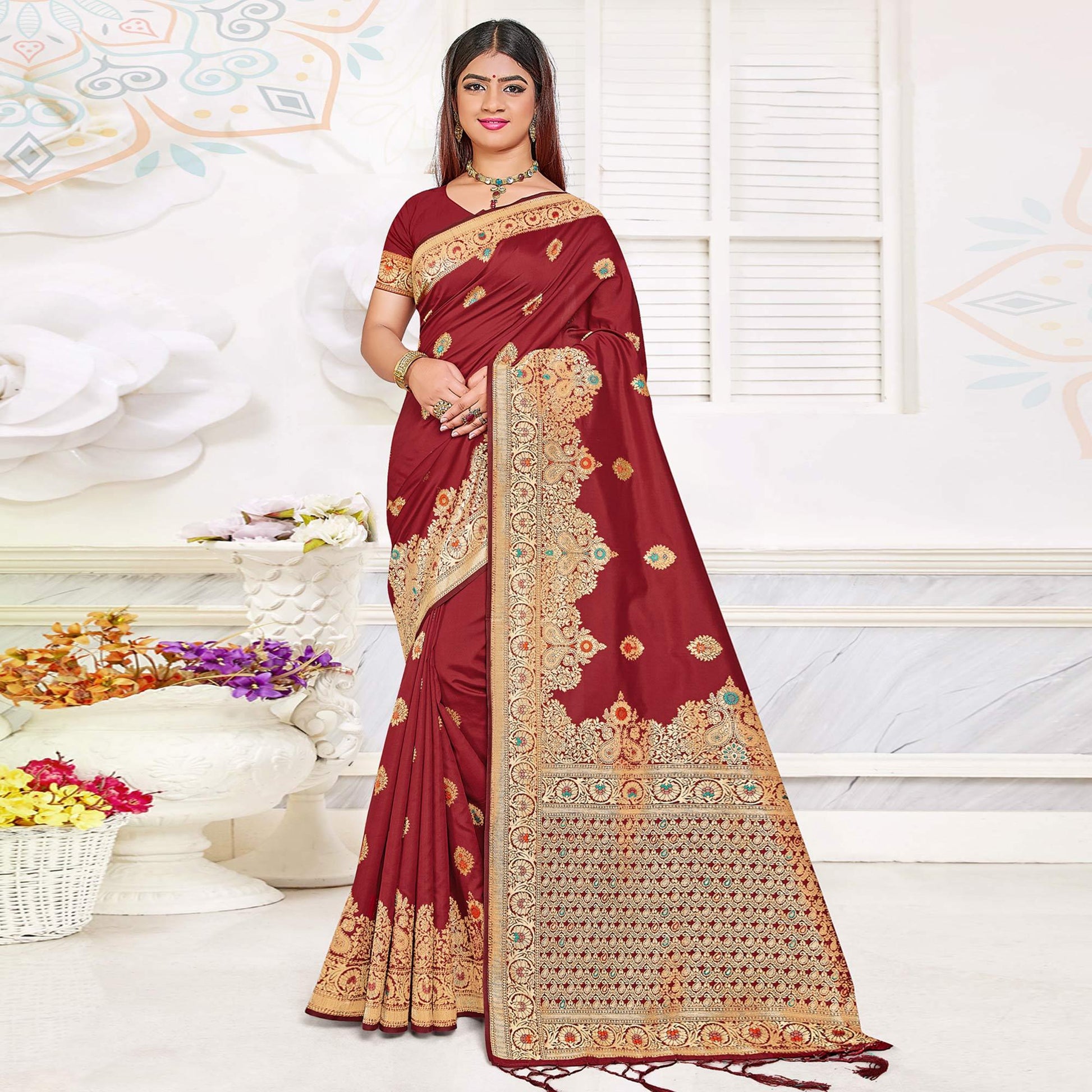 Maroon Festive Wear Woven Jari Border Soft Silk Saree