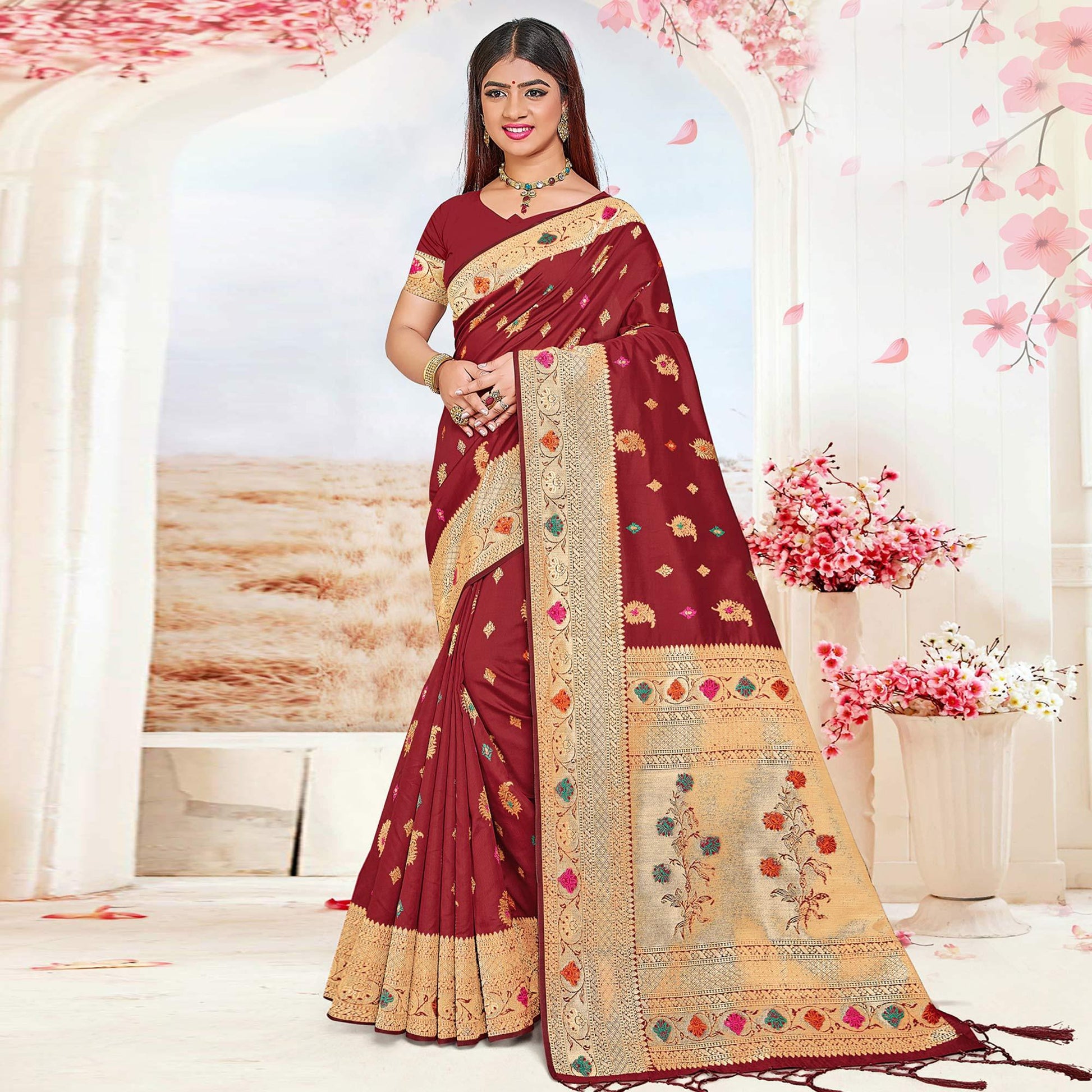 Maroon Festive Wear Woven Jari Border Soft Silk Saree