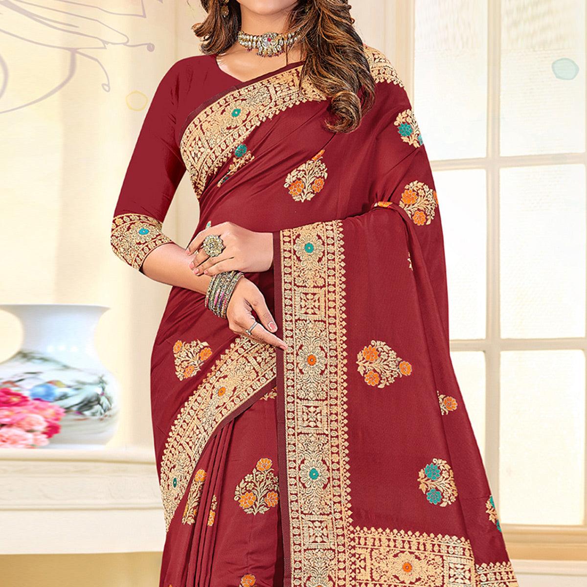Maroon Festive Wear Woven Jari Border Soft Silk Saree
