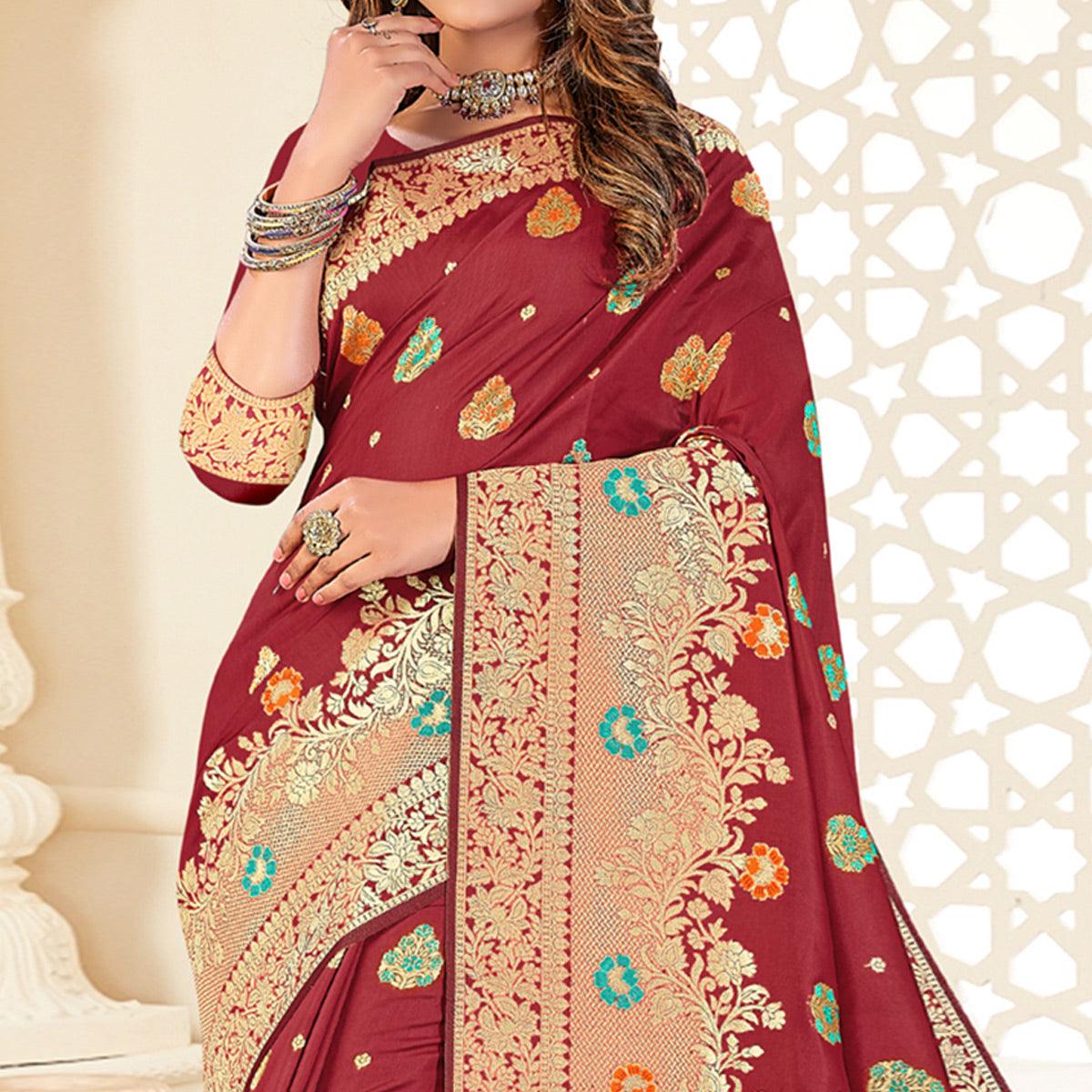 Maroon Festive Wear Woven Jari Border Soft Silk Saree
