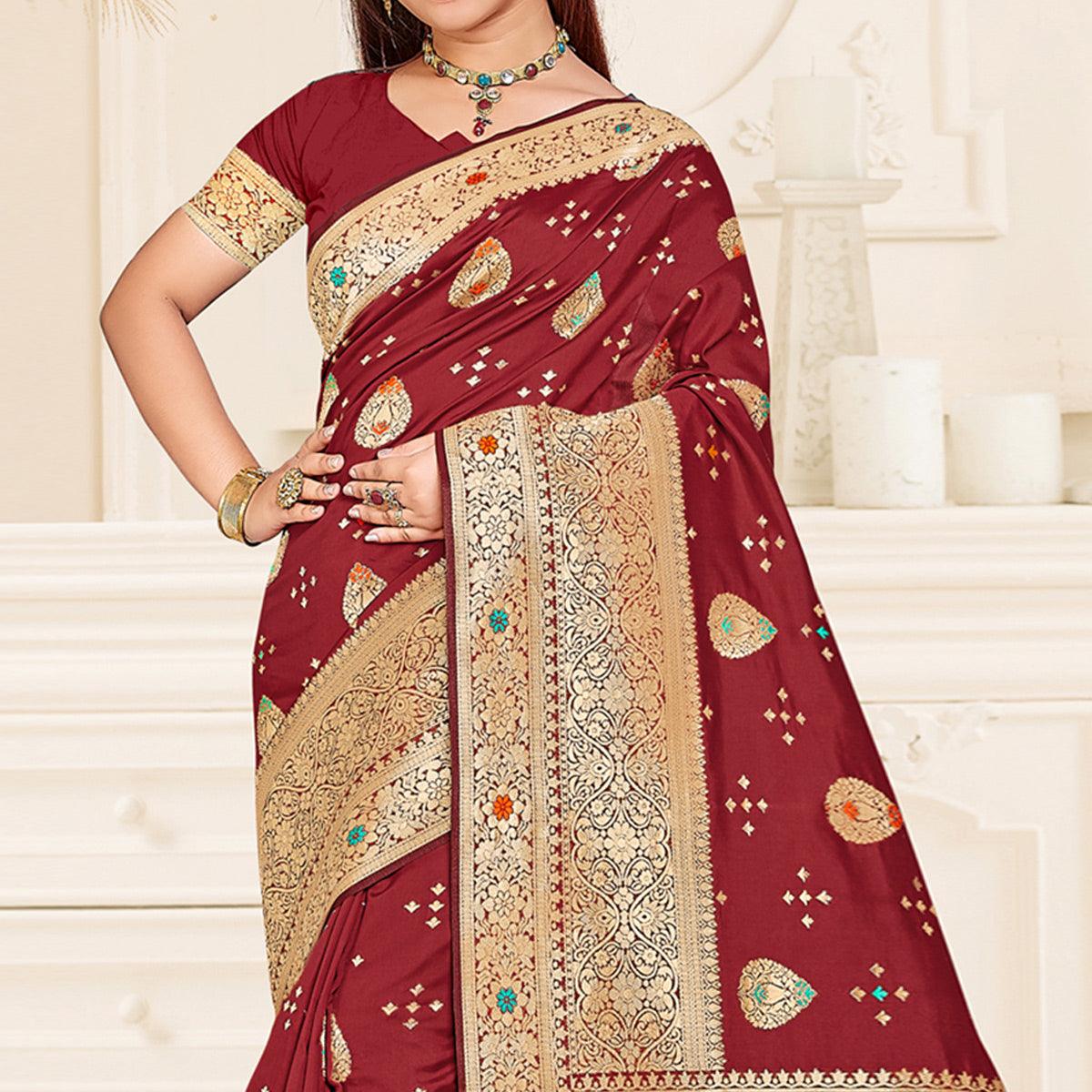 Maroon Festive Wear Woven Jari Border Soft Silk Saree