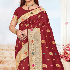 Maroon Festive Wear Woven Jari Border Soft Silk Saree
