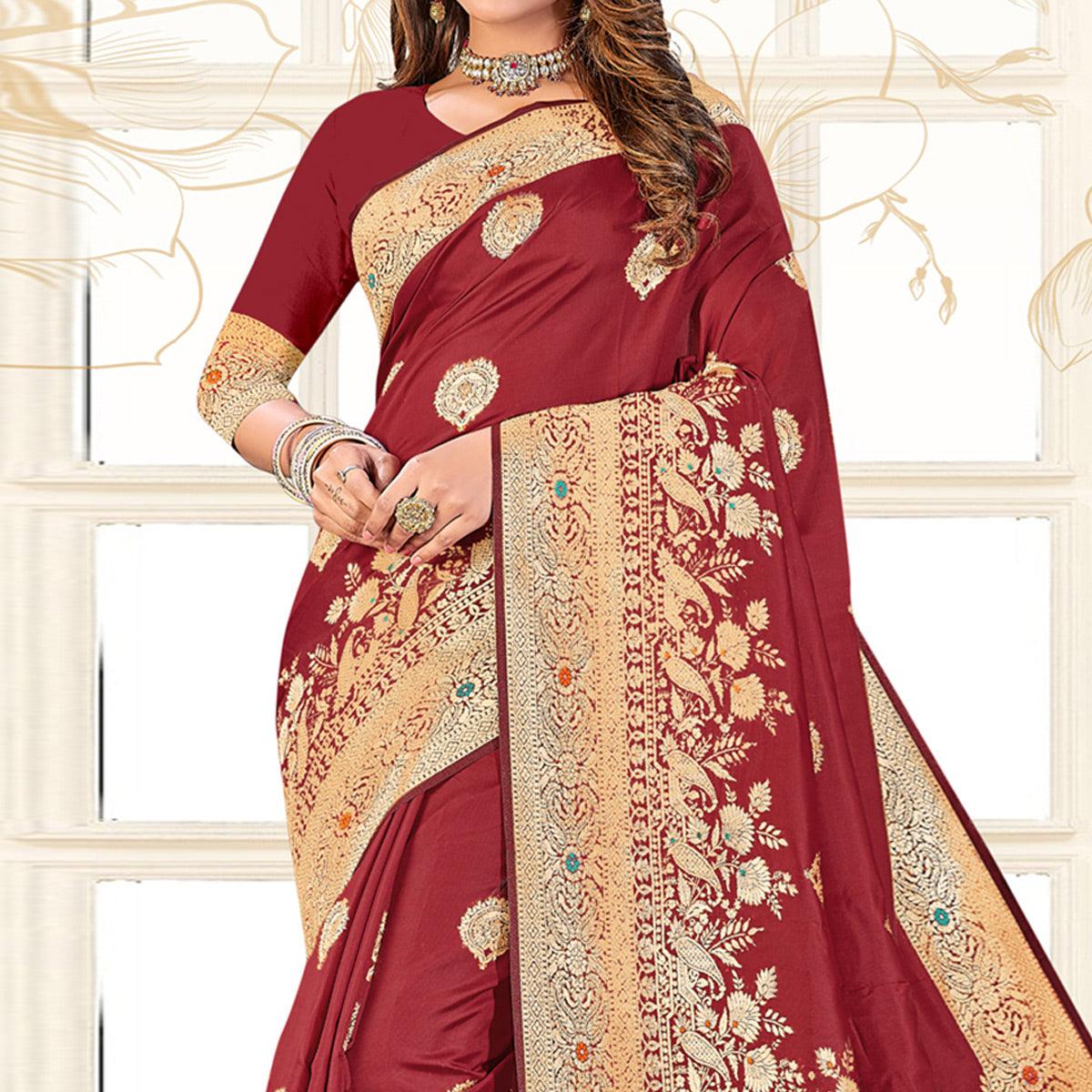 Maroon Festive Wear Woven Jari Border Soft Silk Saree