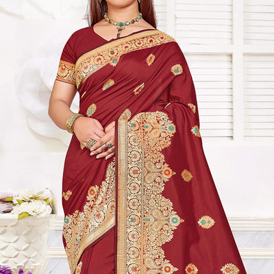 Maroon Festive Wear Woven Jari Border Soft Silk Saree