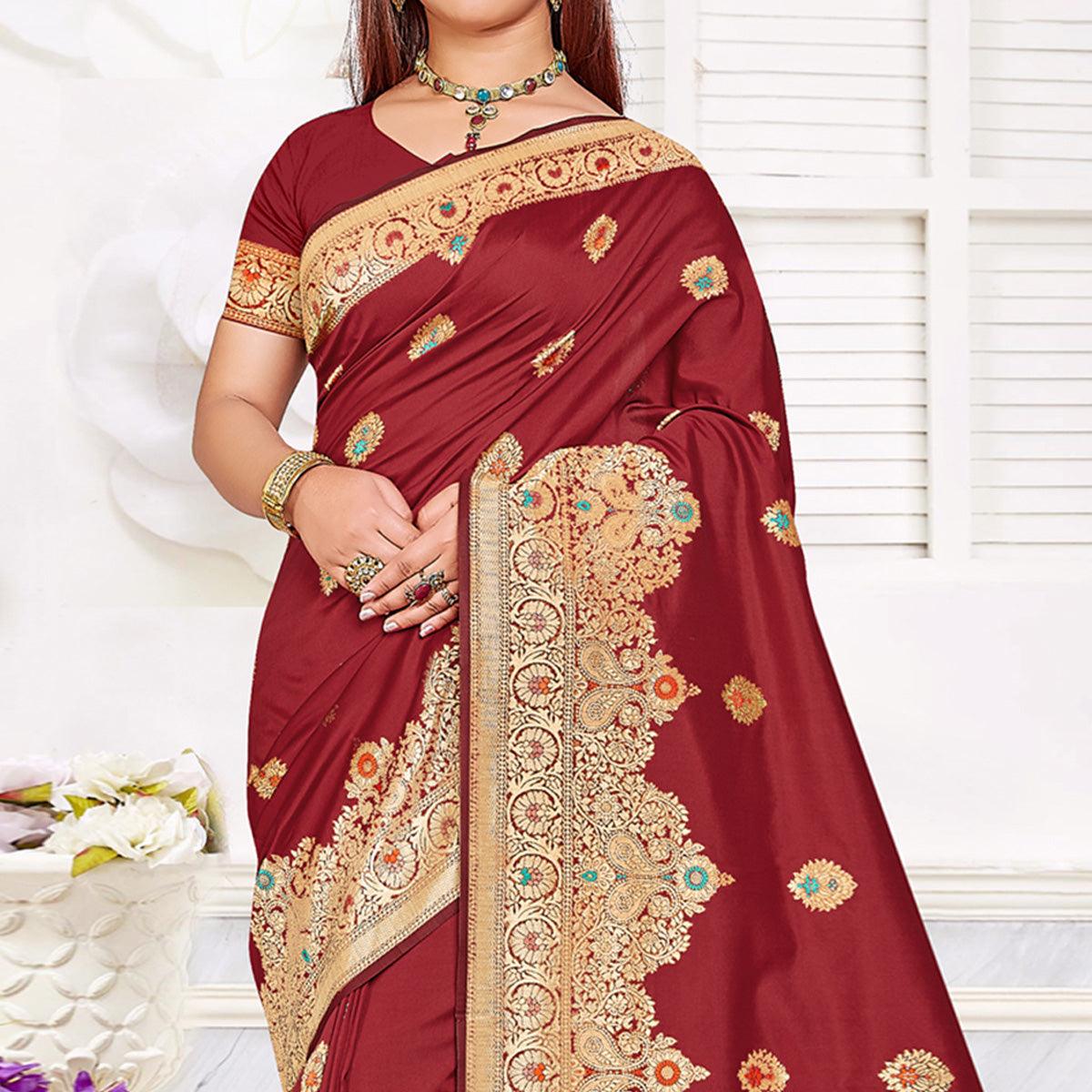 Maroon Festive Wear Woven Jari Border Soft Silk Saree