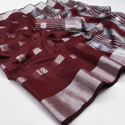 Maroon Festive Wear Woven Linen Saree