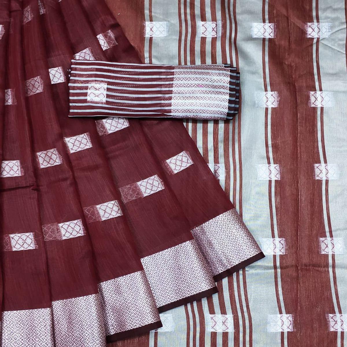 Maroon Festive Wear Woven Linen Saree
