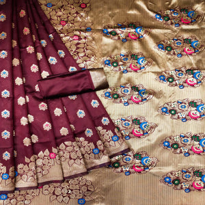Maroon Festive Wear Woven Litchi Silk Saree