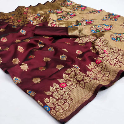 Maroon Festive Wear Woven Litchi Silk Saree