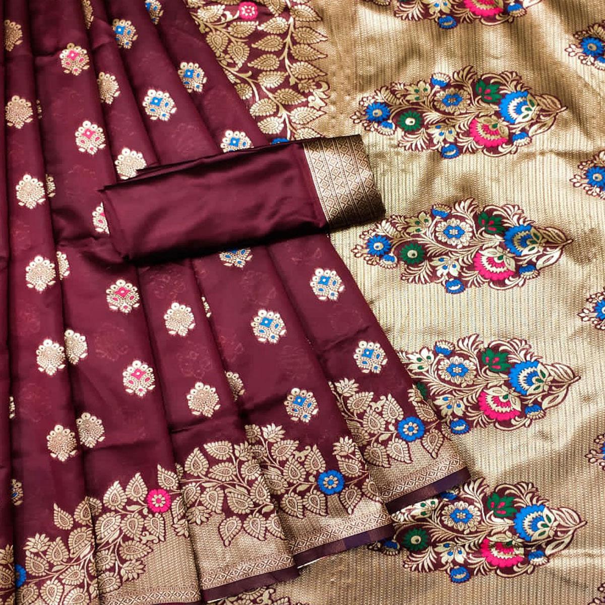 Maroon Festive Wear Woven Litchi Silk Saree