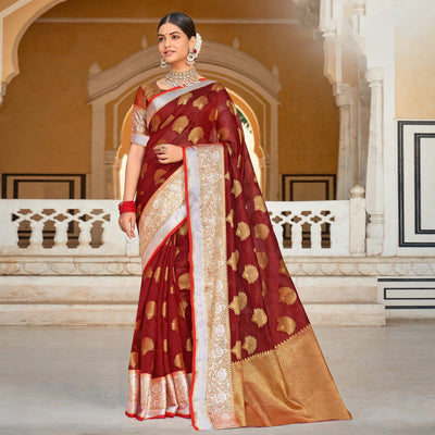 Maroon Festive Wear Woven Organza Saree