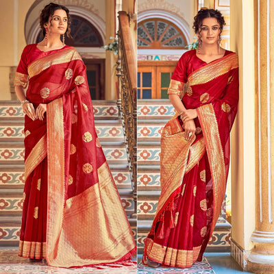 Maroon Festive Wear Woven Organza Saree