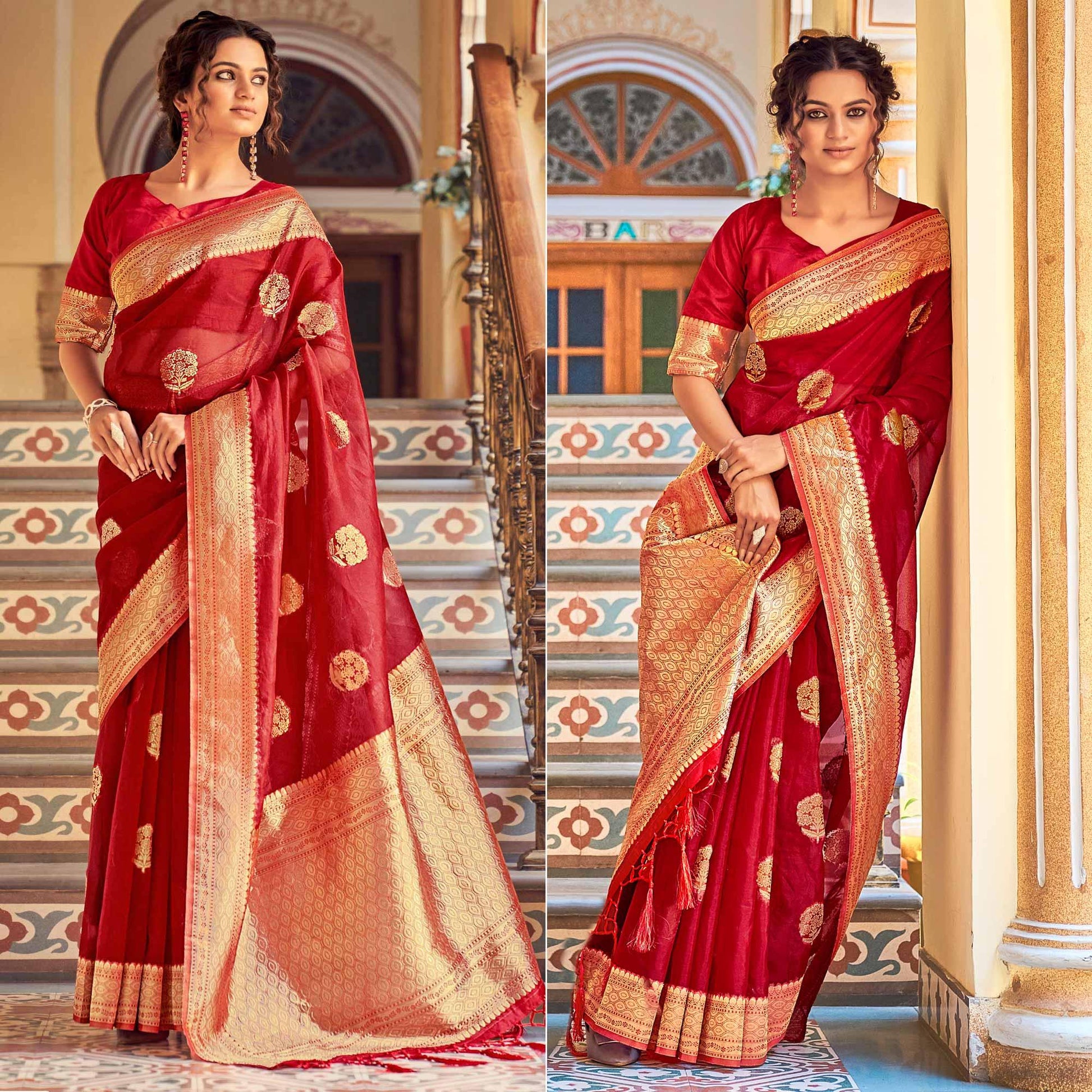 Maroon Festive Wear Woven Organza Saree