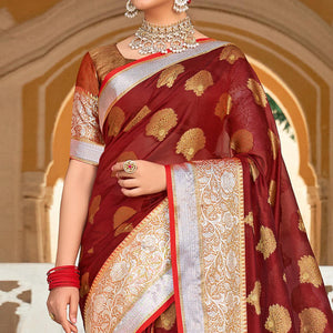 Maroon Festive Wear Woven Organza Saree