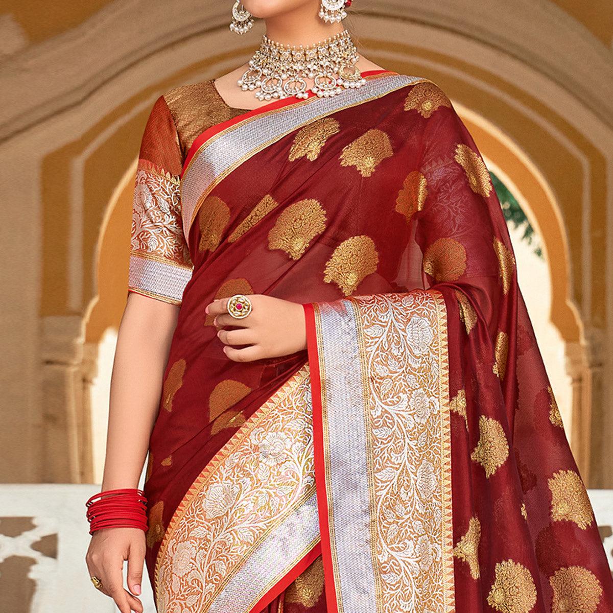 Maroon Festive Wear Woven Organza Saree