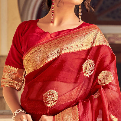 Maroon Festive Wear Woven Organza Saree