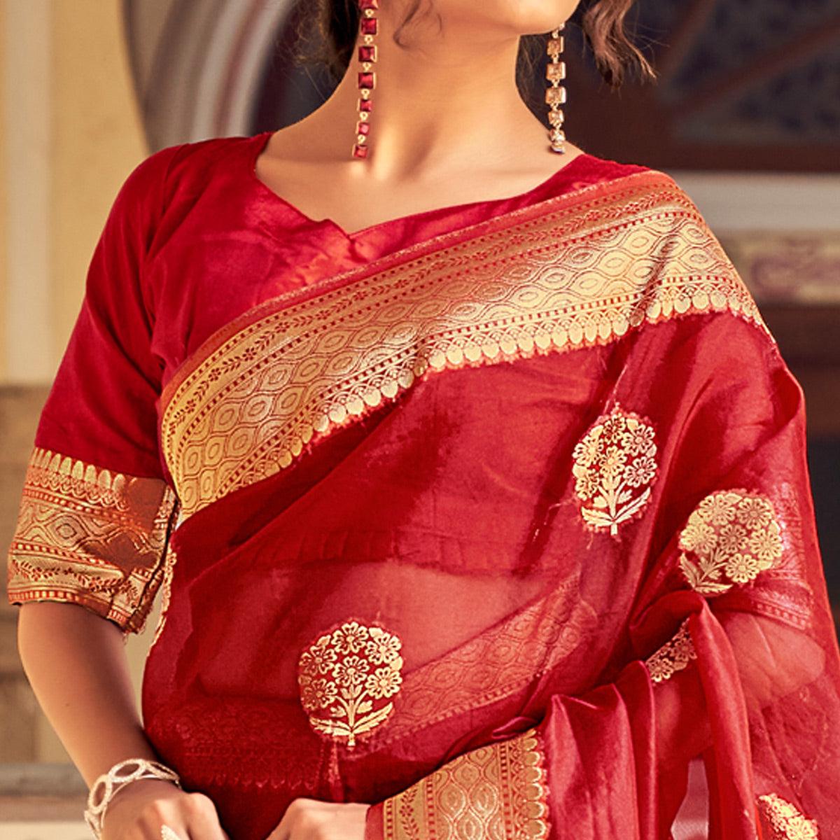 Maroon Festive Wear Woven Organza Saree