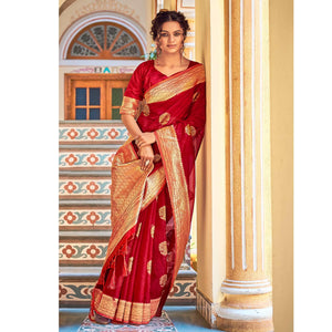 Maroon Festive Wear Woven Organza Saree