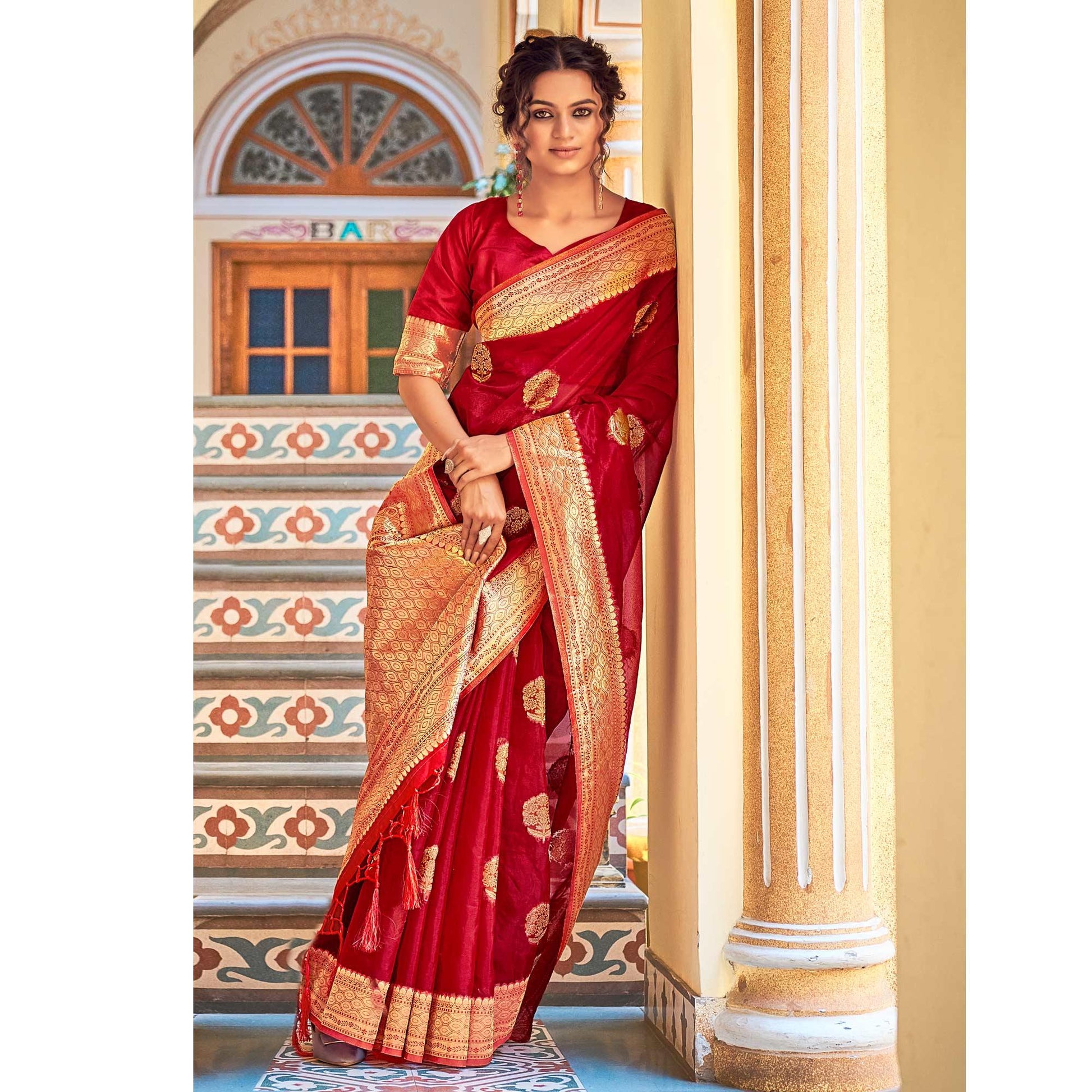 Maroon Festive Wear Woven Organza Saree