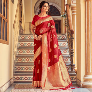Maroon Festive Wear Woven Organza Saree